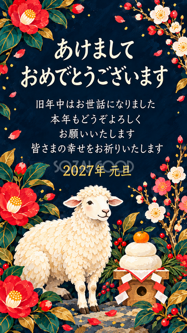 ガッシュ・鏡餅と新年を祝う羊の年賀状