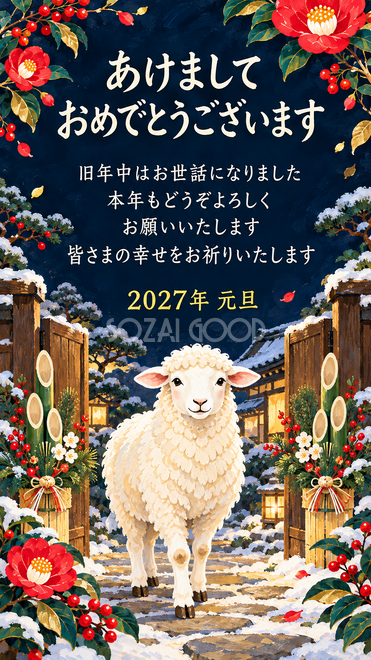 ガッシュ・松飾りの門で迎える羊の年賀状 ガッシュ・松飾りの門で迎える羊の年賀状