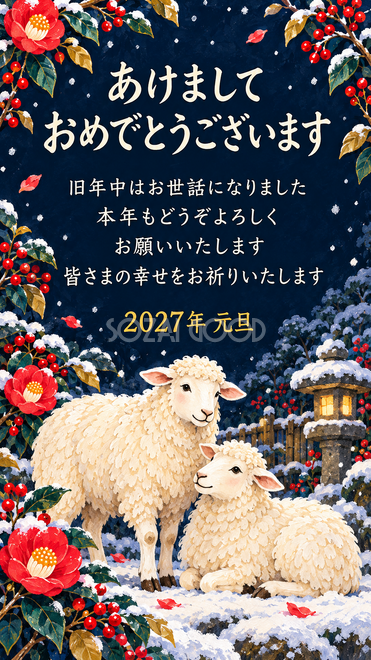 ガッシュ・雪の庭で寄り添う羊の年賀状 ガッシュ・雪の庭で寄り添う羊の年賀状