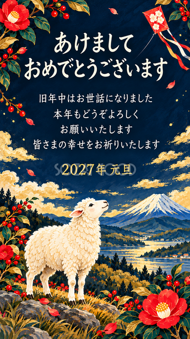 ガッシュ・富士山と凧を見上げる羊の年賀状