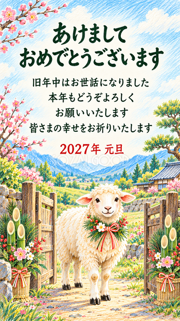 色鉛筆・松飾りの門で迎える羊の年賀状 色鉛筆・松飾りの門で迎える羊の年賀状
