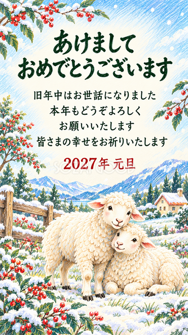 色鉛筆・雪の庭で寄り添う羊の年賀状 色鉛筆・雪の庭で寄り添う羊の年賀状
