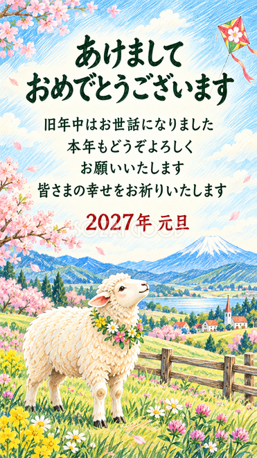 色鉛筆・富士山と凧を見上げる羊の年賀状 色鉛筆・富士山と凧を見上げる羊の年賀状