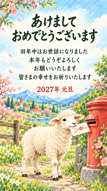 色鉛筆・手紙を届ける羊の年賀状 色鉛筆・手紙を届ける羊の年賀状