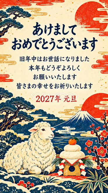 レトロ版画・鏡餅と新年を祝う羊の年賀状 レトロ版画・鏡餅と新年を祝う羊の年賀状