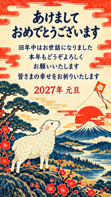 レトロ版画・富士山と凧を見上げる羊の年賀状