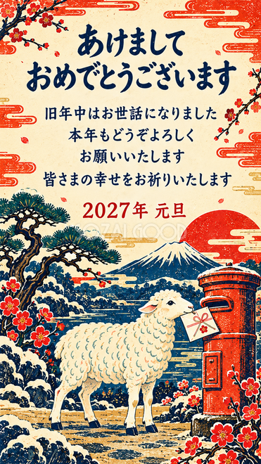 レトロ版画・手紙を届ける羊の年賀状 レトロ版画・手紙を届ける羊の年賀状