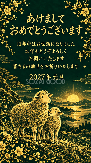 金の細線・初日の出を迎える羊親子の年賀状
