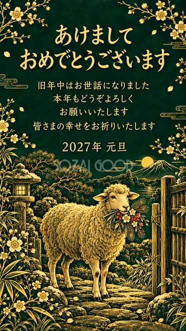 金の細線・花束を届ける羊の年賀状