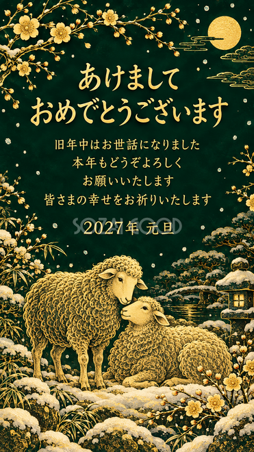 金の細線・雪の庭で寄り添う羊の年賀状