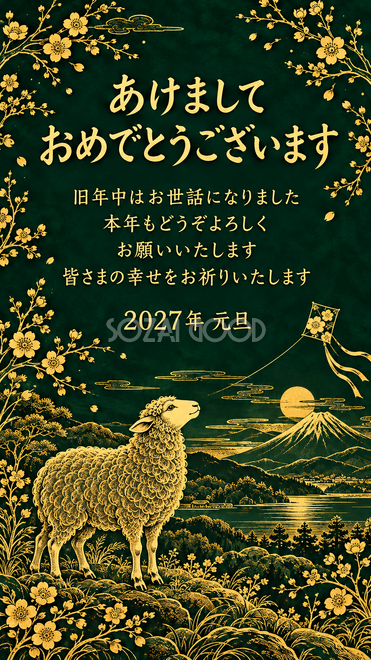 金の細線・富士山と凧を見上げる羊の年賀状