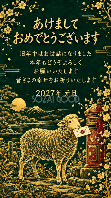 金の細線・手紙を届ける羊の年賀状