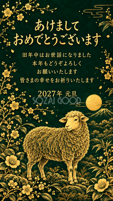 金の細線・花の輪でくつろぐ羊の年賀状 金の細線・花の輪でくつろぐ羊の年賀状