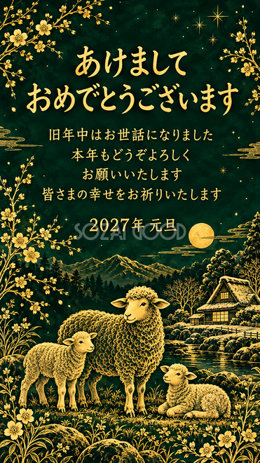 金の細線・新年を迎える羊家族の年賀状