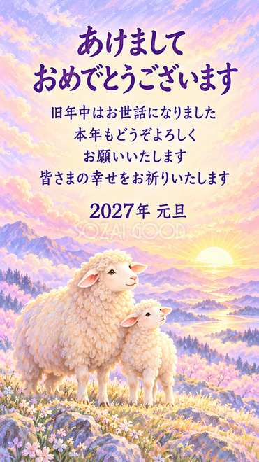 パステル・初日の出を迎える羊親子の年賀状 パステル・初日の出を迎える羊親子の年賀状