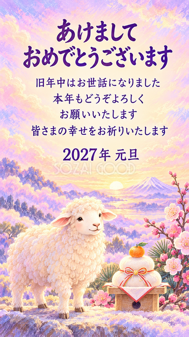 パステル・鏡餅と新年を祝う羊の年賀状