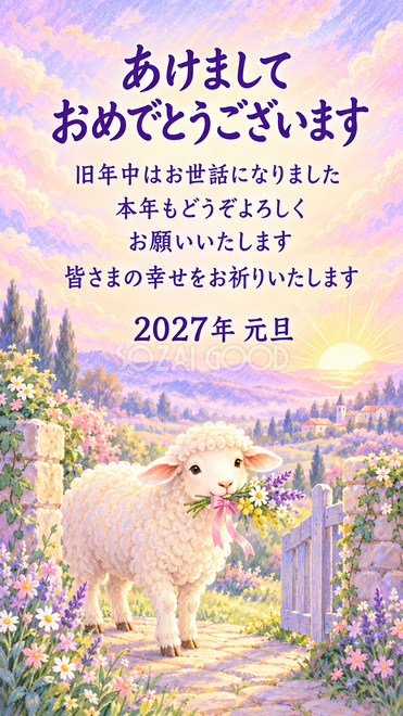 パステル・花束を届ける羊の年賀状