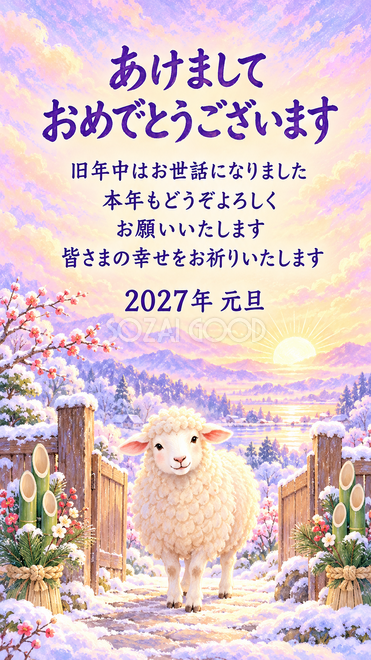 パステル・松飾りの門で迎える羊の年賀状