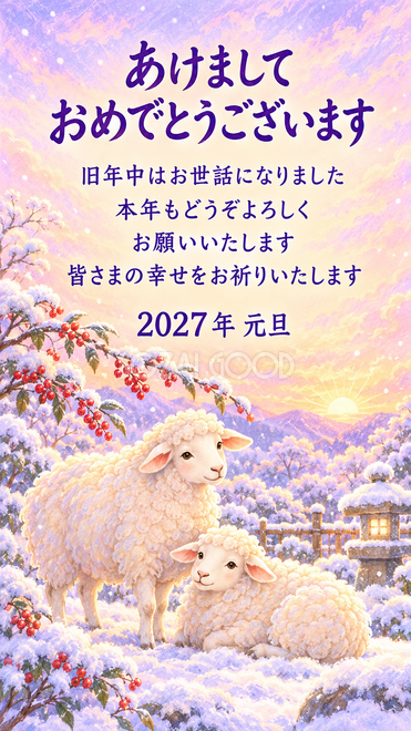 パステル・雪の庭で寄り添う羊の年賀状