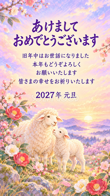 パステル・花の輪でくつろぐ羊の年賀状