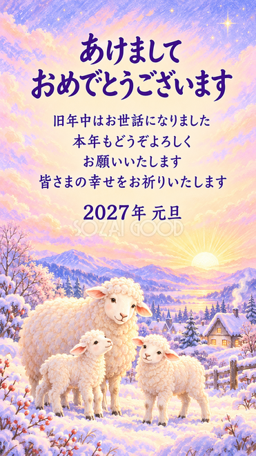 パステル・新年を迎える羊家族の年賀状 パステル・新年を迎える羊家族の年賀状