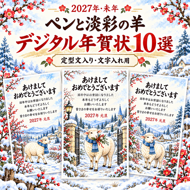 ペンと淡彩の羊デジタル年賀状10選