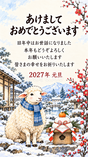 ペンと淡彩・鏡餅と新年を祝う羊の年賀状