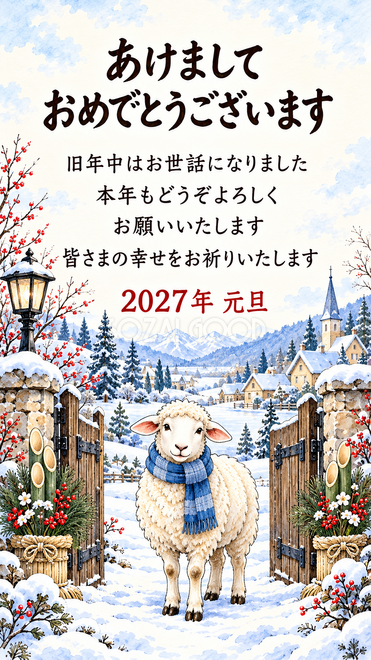 ペンと淡彩・松飾りの門で迎える羊の年賀状 ペンと淡彩・松飾りの門で迎える羊の年賀状
