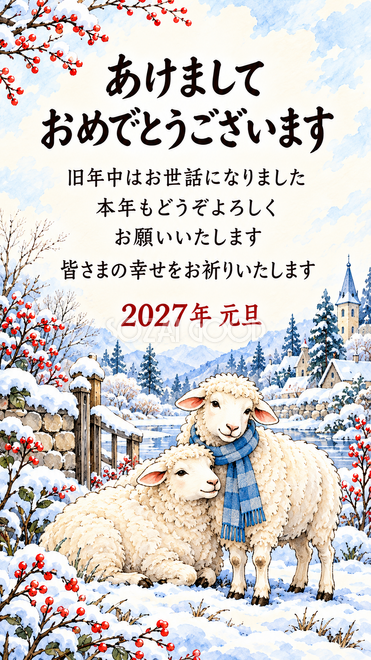 ペンと淡彩・雪の庭で寄り添う羊の年賀状