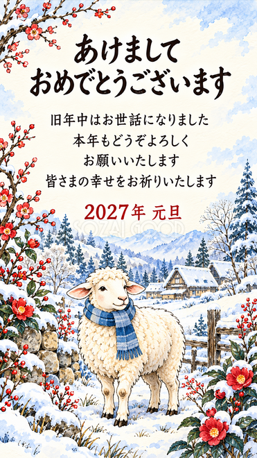 ペンと淡彩・花の輪でくつろぐ羊の年賀状 ペンと淡彩・花の輪でくつろぐ羊の年賀状