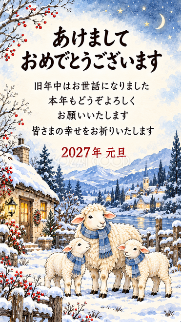 ペンと淡彩・新年を迎える羊家族の年賀状 ペンと淡彩・新年を迎える羊家族の年賀状