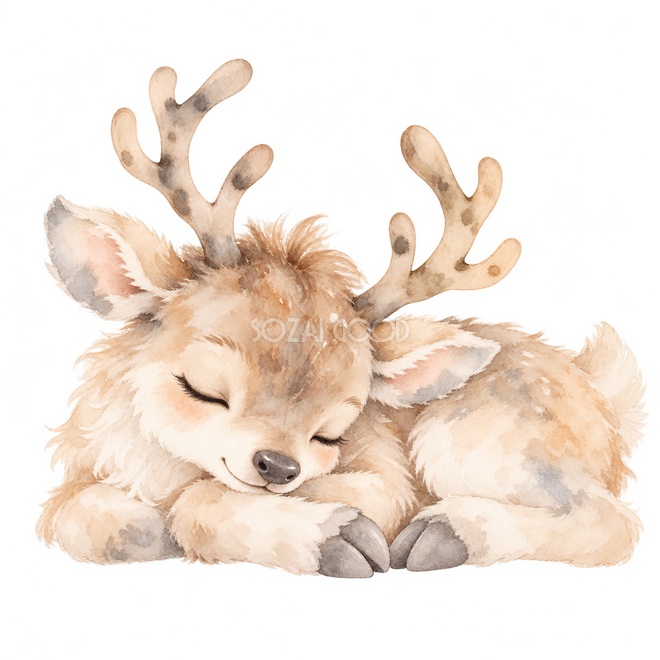 丸まって眠るトナカイ・淡いにじみ水彩 丸まって眠るトナカイ・淡いにじみ水彩