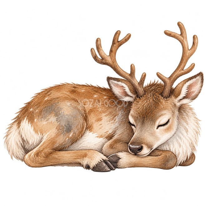 丸まって眠るトナカイ・繊細な透明水彩