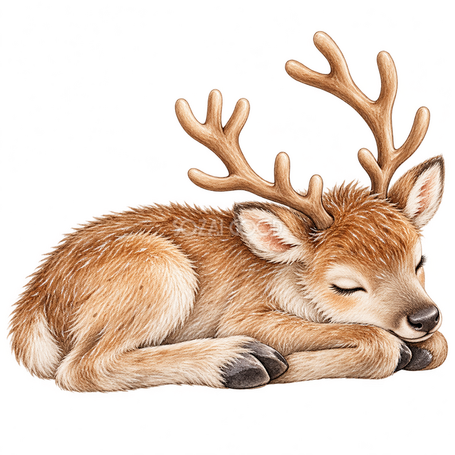 丸まって眠るトナカイ・やさしい写実水彩 丸まって眠るトナカイ・やさしい写実水彩