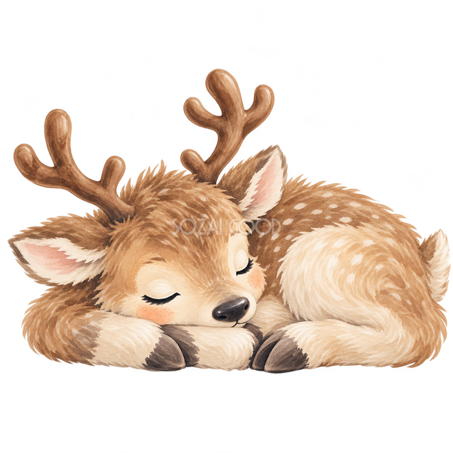 丸まって眠るトナカイ・ミルク色の水彩 丸まって眠るトナカイ・ミルク色の水彩