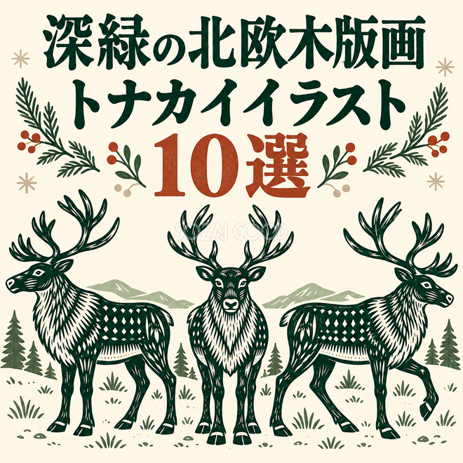 深緑の北欧木版画のトナカイ10選