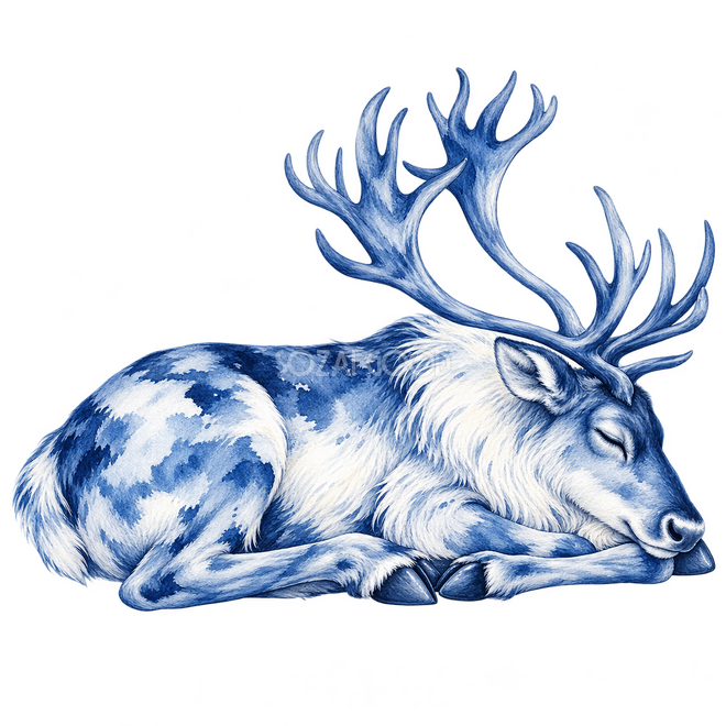 丸まって眠るトナカイ・藍色の淡彩 丸まって眠るトナカイ・藍色の淡彩