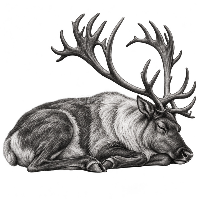丸まって眠るトナカイ・陰影のある木炭画 丸まって眠るトナカイ・陰影のある木炭画