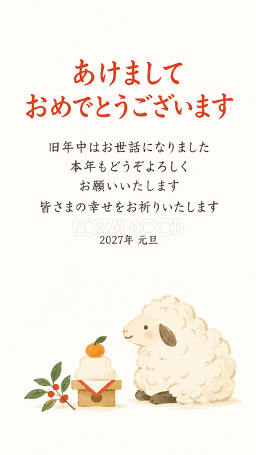 余白と小さな羊・小さな鏡餅と座る羊の年賀状
