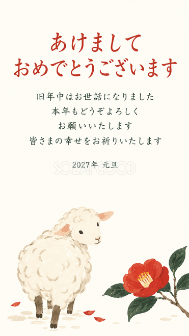余白と小さな羊・一輪の椿と振り向く羊の年賀状