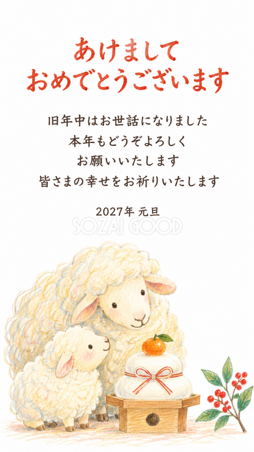 ふわふわ手描きの羊・鏡餅を囲む羊親子の年賀状 ふわふわ手描きの羊・鏡餅を囲む羊親子の年賀状