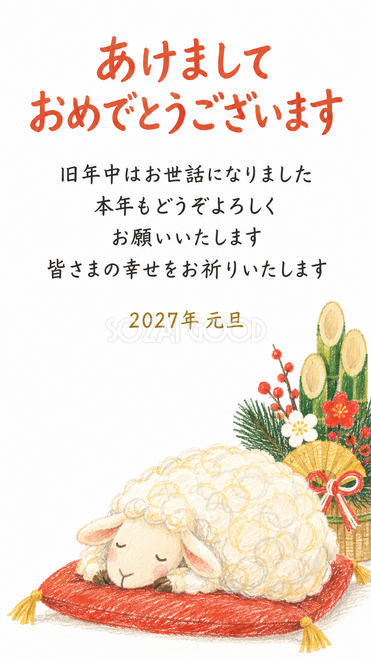 ふわふわ手描きの羊・座布団で眠る羊の年賀状 ふわふわ手描きの羊・座布団で眠る羊の年賀状
