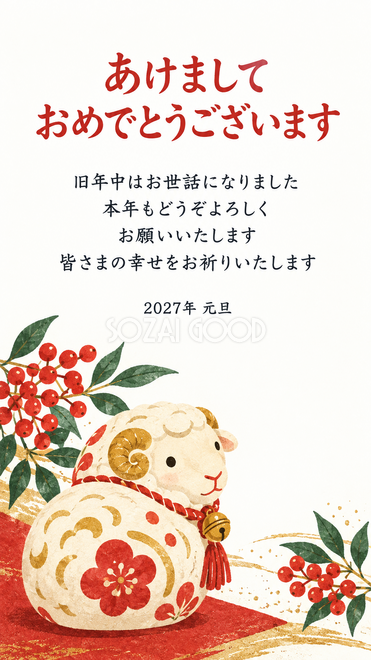 羊だるまと羊の土鈴・南天と白い羊だるまの年賀状 羊だるまと羊の土鈴・南天と白い羊だるまの年賀状