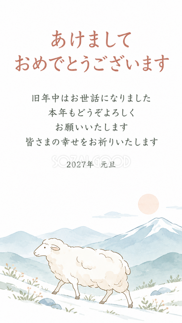 淡い色の羊線画・淡い青の山と歩く羊の年賀状
