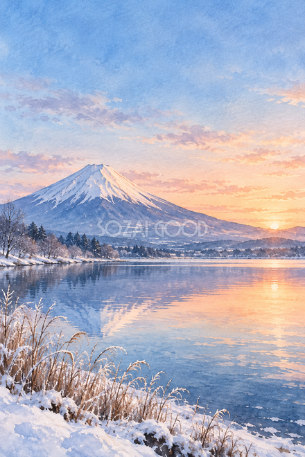 冬の湖と朝焼けの富士山・透明水彩