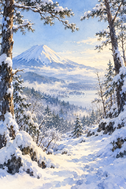 雪の松林から見る富士山・透明水彩 雪の松林から見る富士山・透明水彩