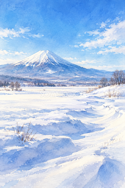 雪原と冬晴れの富士山・透明水彩 雪原と冬晴れの富士山・透明水彩