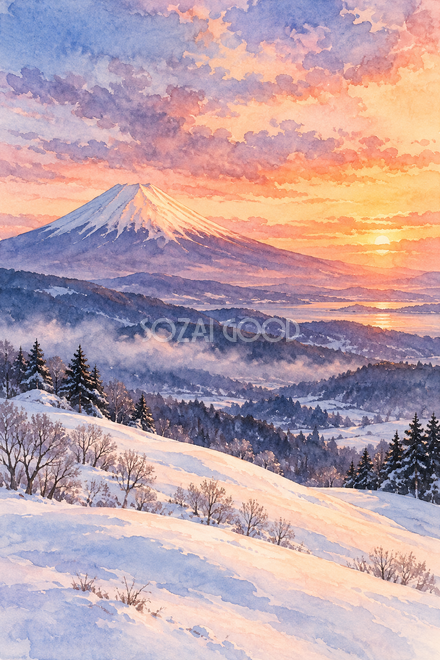 夕焼けと雪の丘の富士山・透明水彩 夕焼けと雪の丘の富士山・透明水彩