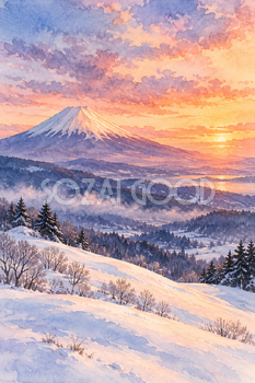 夕焼けと雪の丘の富士山｜冬の透明水彩・縦長背景・無料イラスト素材 116913