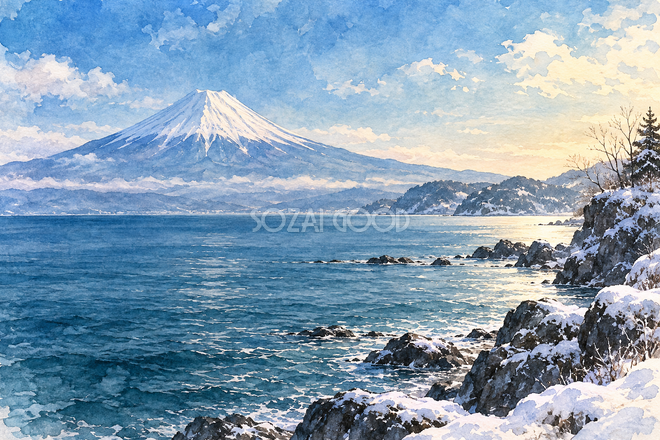 冬の海と富士山・透明水彩 冬の海と富士山・透明水彩